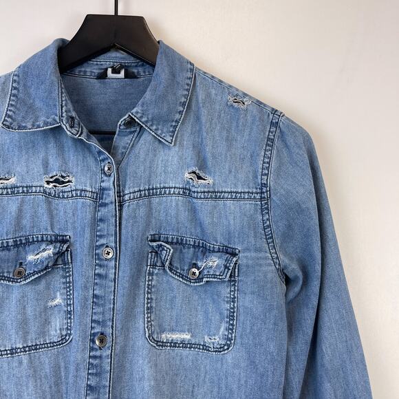 Joe’s Jeans Collection XS Distressed Cotton Chambray Button Shirt Blue - Picture 3 of 11